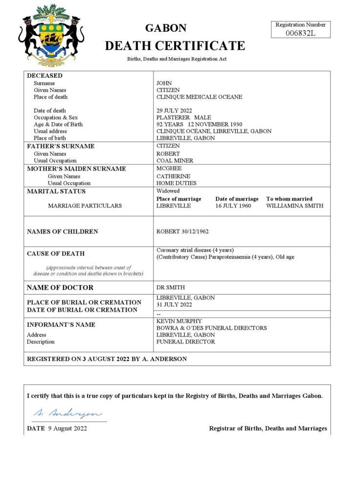 Gabon death certificate Word and PDF template, completely editable