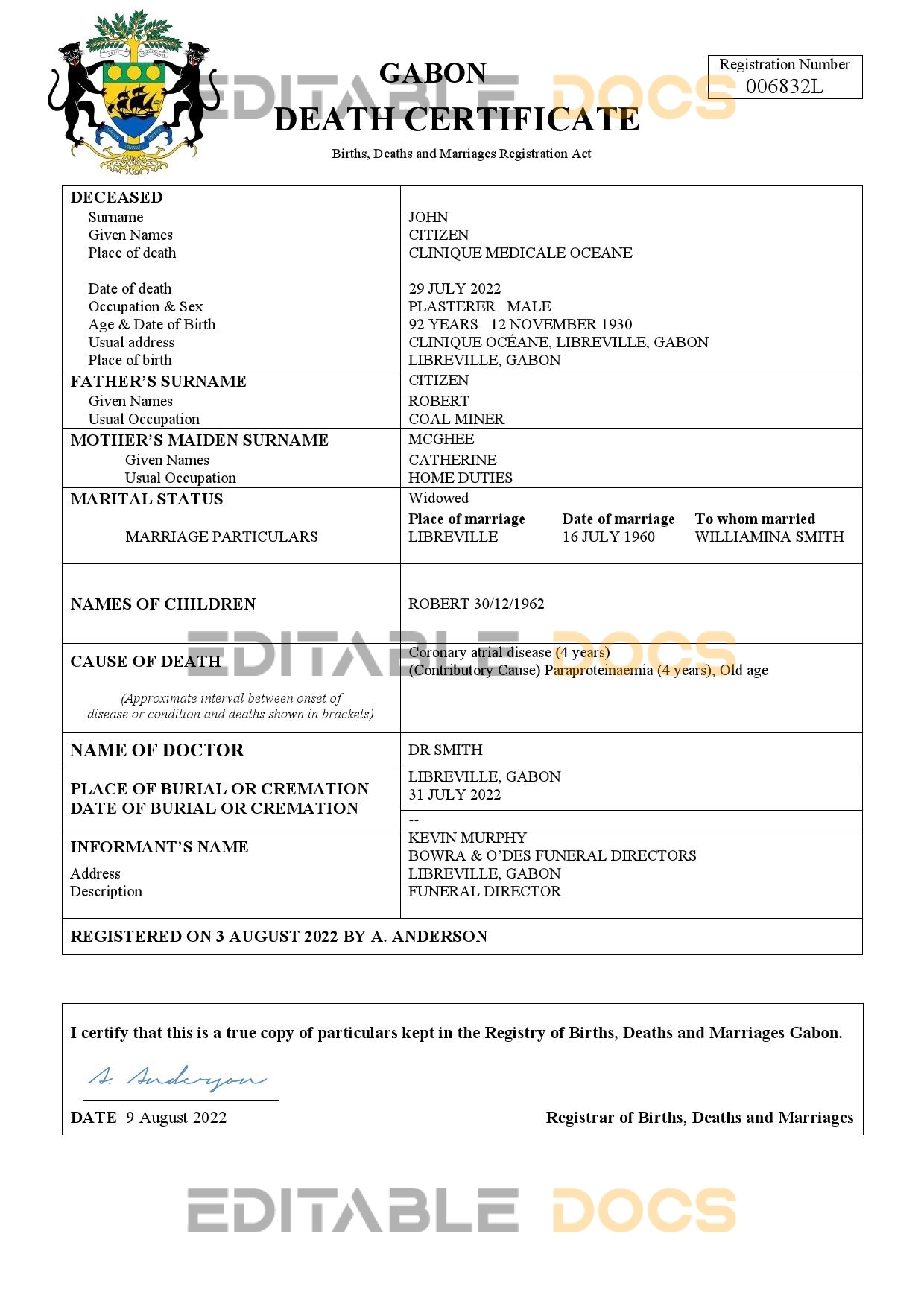 Fillable Gabon Death PDF Templates | Blank Docs