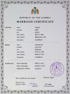 Gambia Marriage Certificate Editable PSD Templates