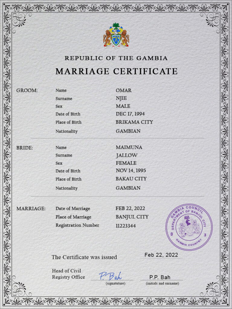 Gambia Marriage Certificate Editable PSD Templates