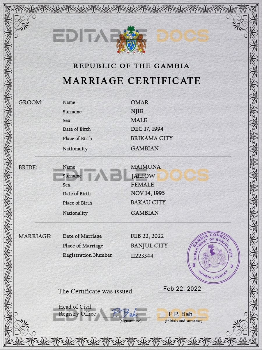 Gambia Marriage Certificate | Editable PSD Templates