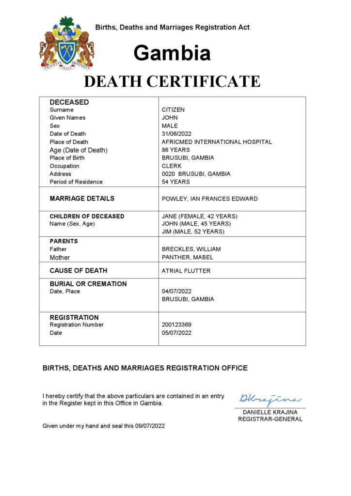 Gambia vital record death certificate Word and PDF template
