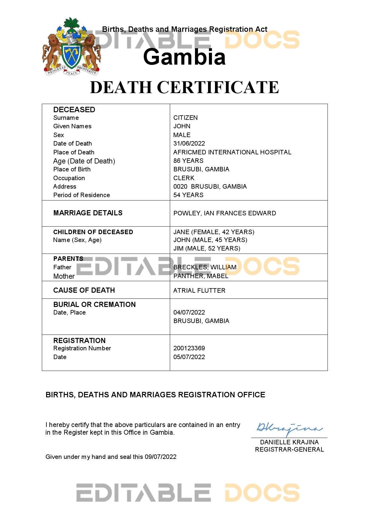 Fillable Gambia Death PDF Templates | Blank Docs