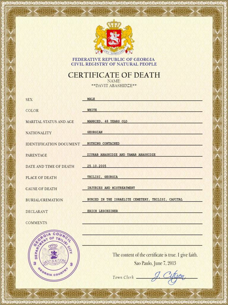 Georgia vital record death certificate PSD template, fully editable