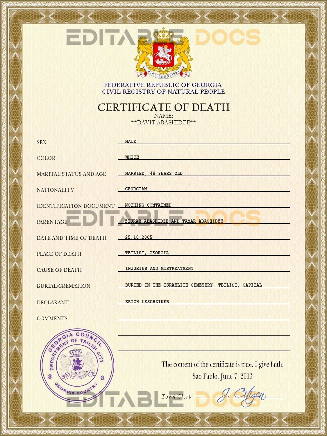 Customizable Georgia Death Certificate PSD Templates | Instant Download