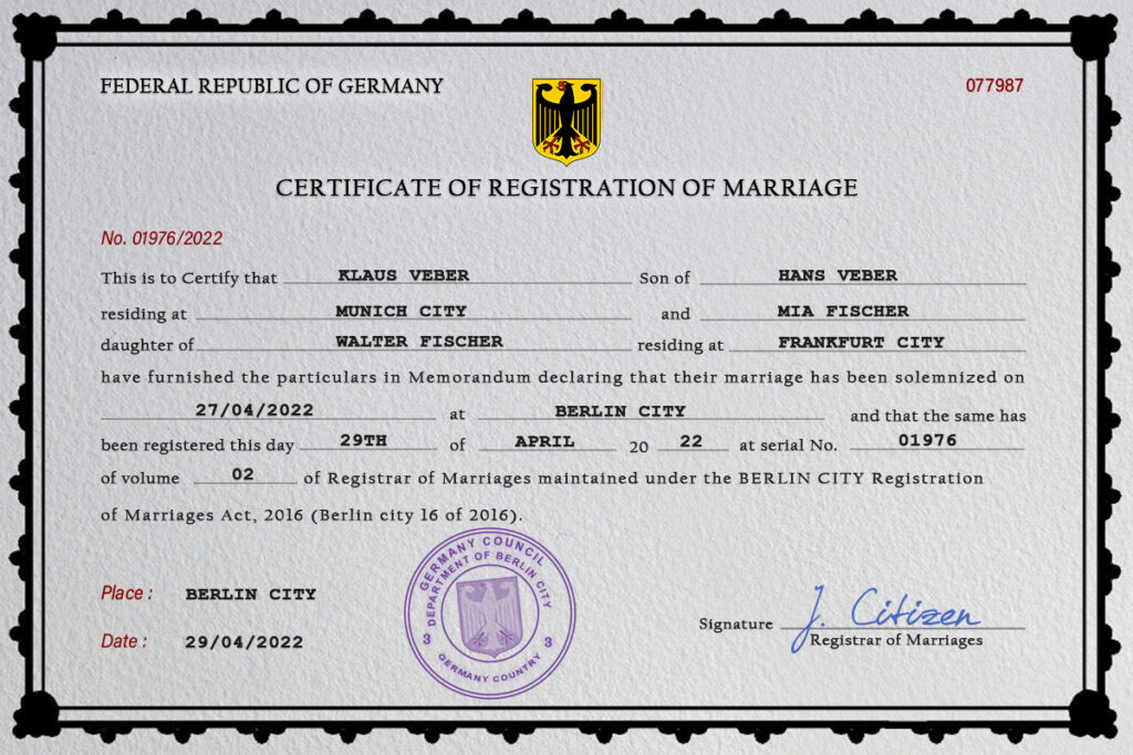 Germany Marriage Certificate Editable PSD Templates