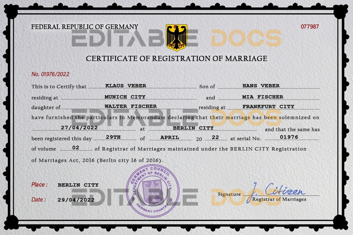 Germany Marriage Certificate | Editable PSD Templates