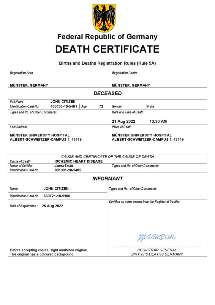 Germany death certificate Word and PDF template, completely editable