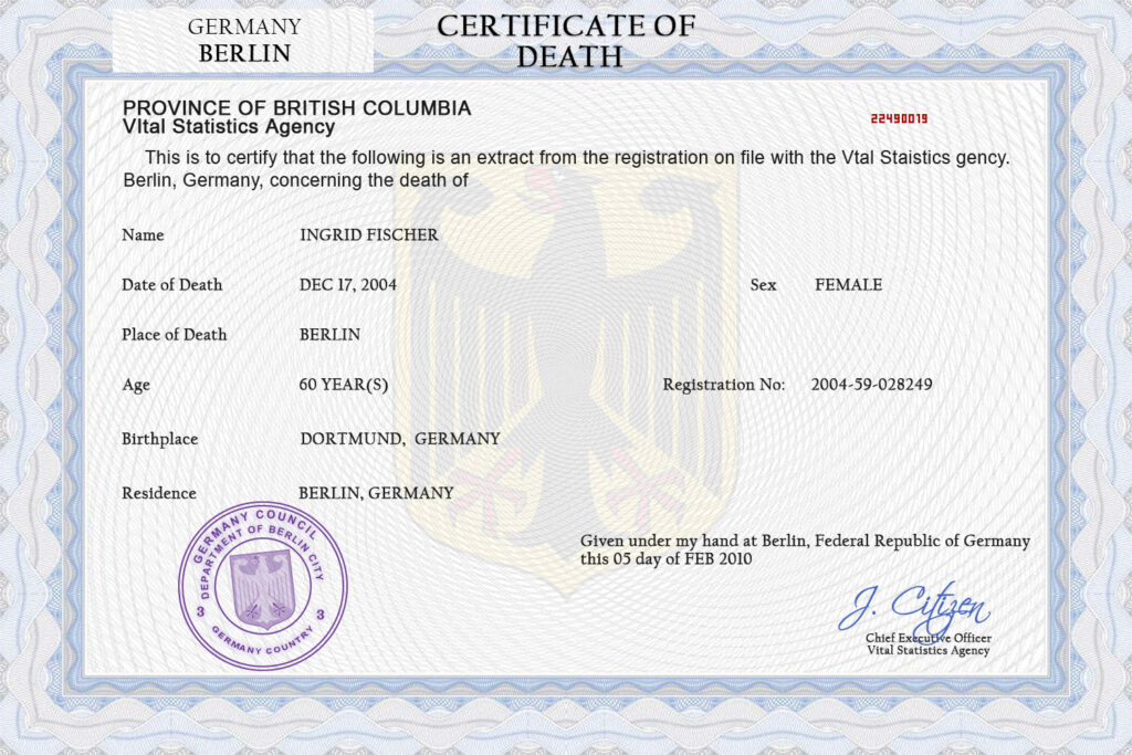 Germany death certificate PSD template, completely editable