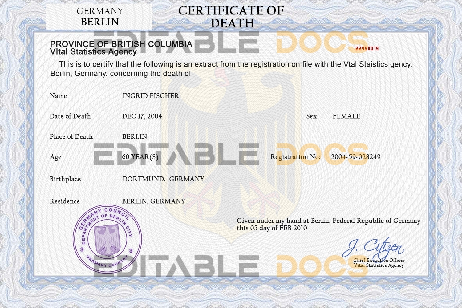 Customizable Germany Death Certificate PSD Templates | Instant Download