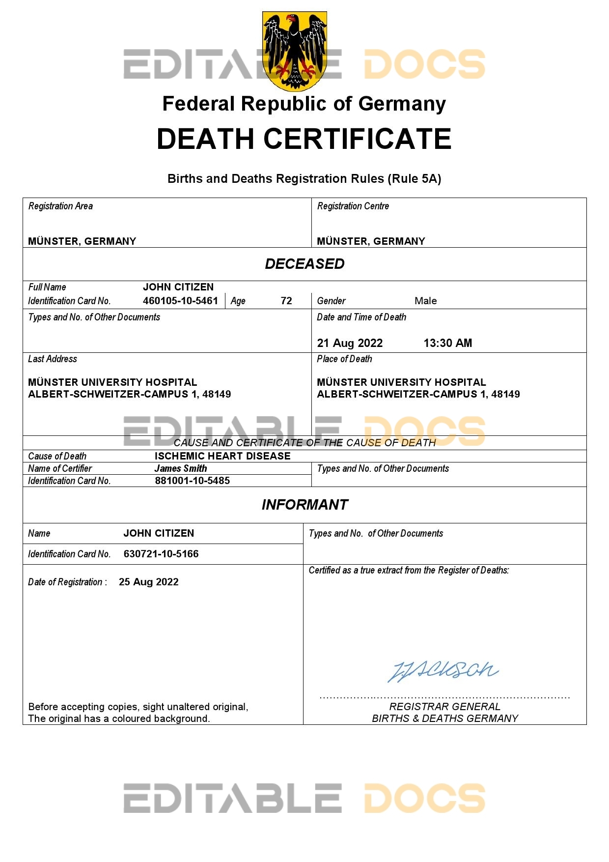Fillable Germany Death PDF Templates | Blank Docs