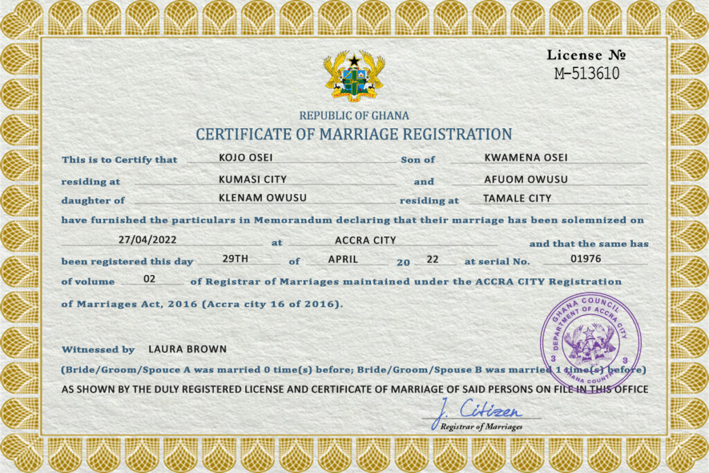 Ghana Marriage Certificate Editable PSD Templates