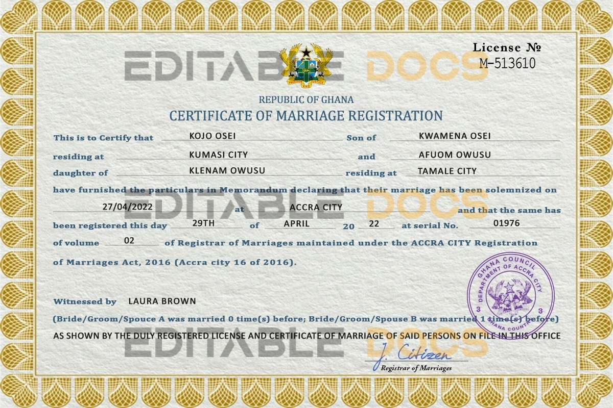 Ghana Marriage Certificate | Editable PSD Templates