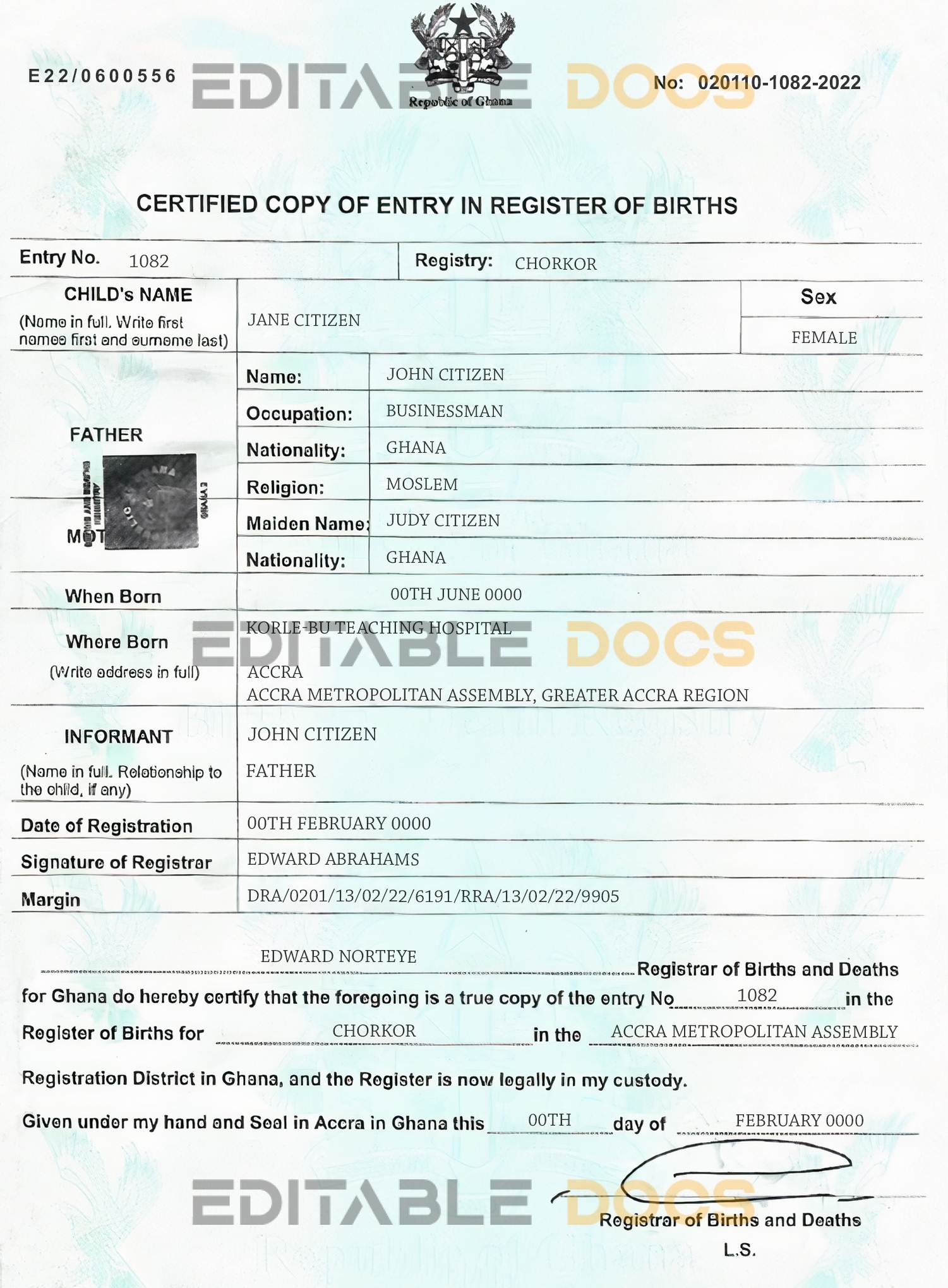 Authentic Ghana Birth Certificate Template | Customize and Download Online
