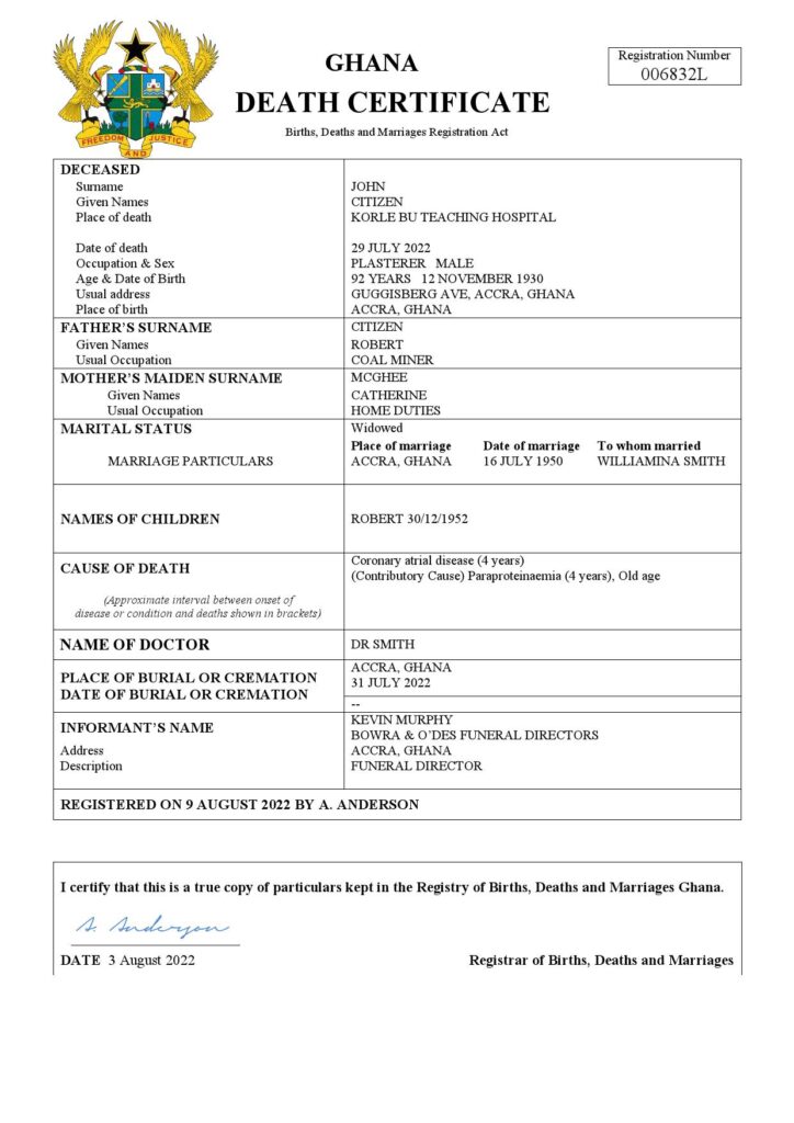 Ghana vital record death certificate Word and PDF template