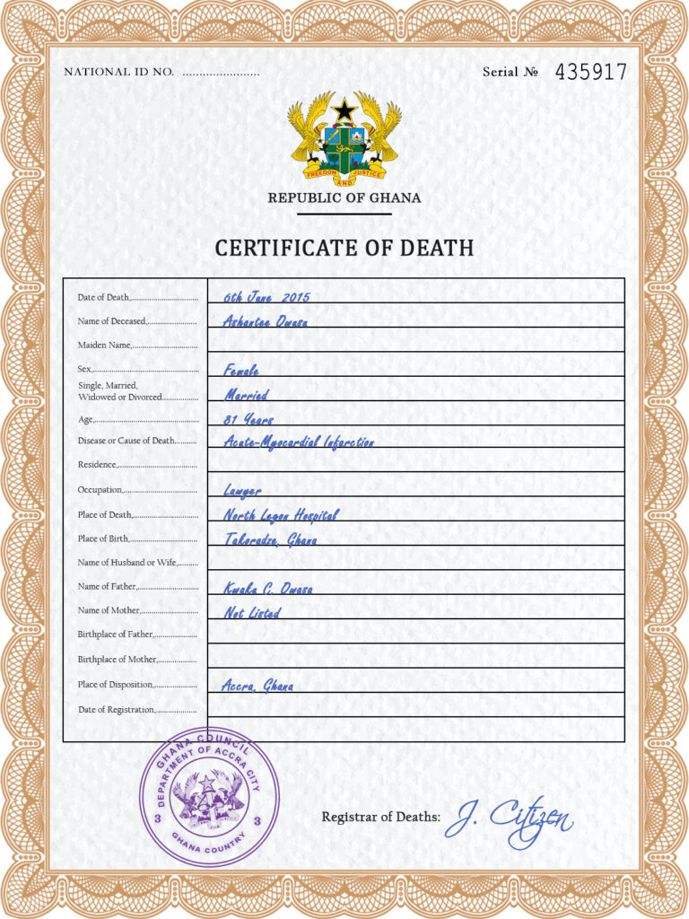 Ghana vital record death certificate PSD template, completely editable