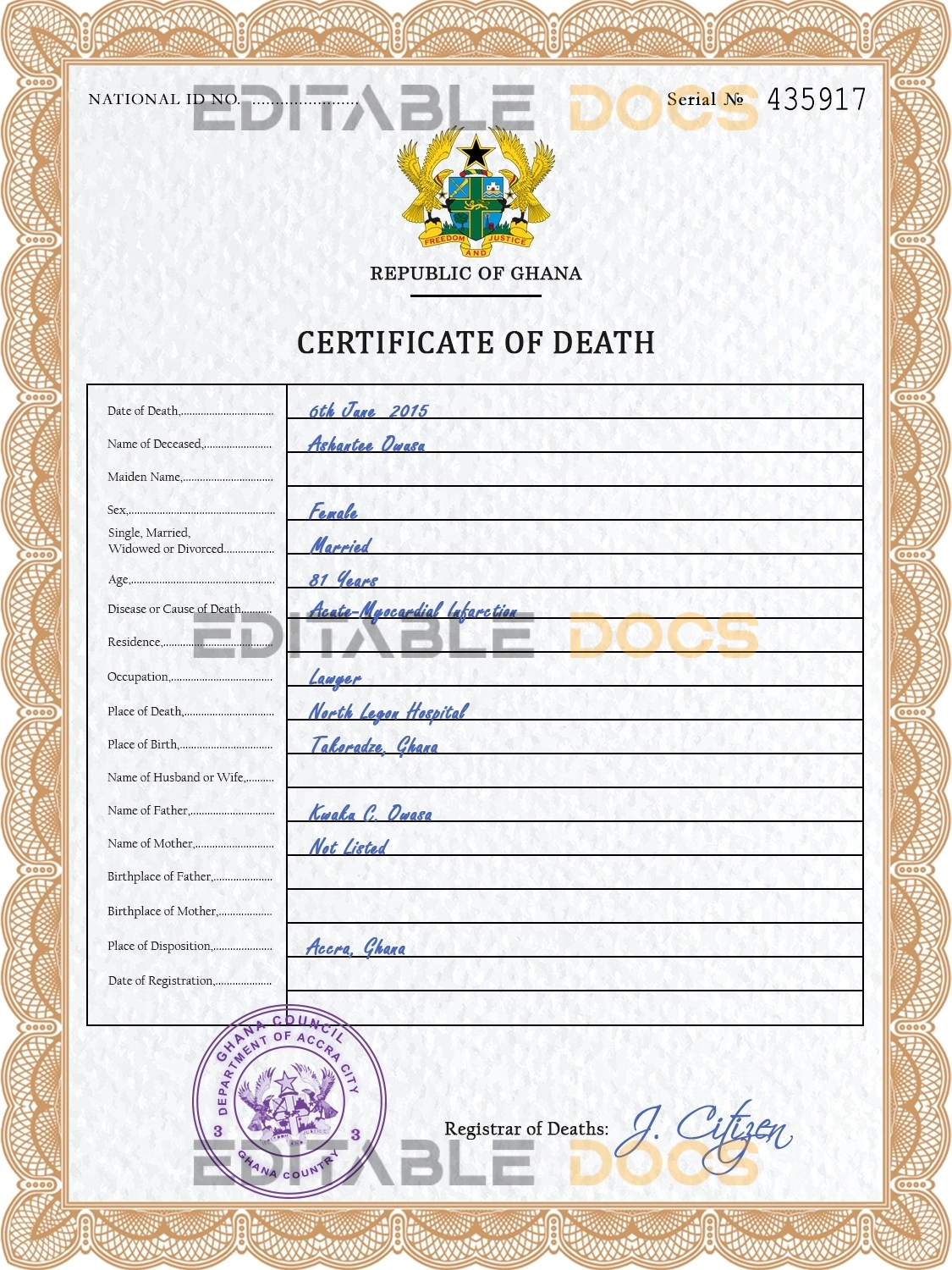 Customizable Ghana Death Certificate PSD Templates | Instant Download