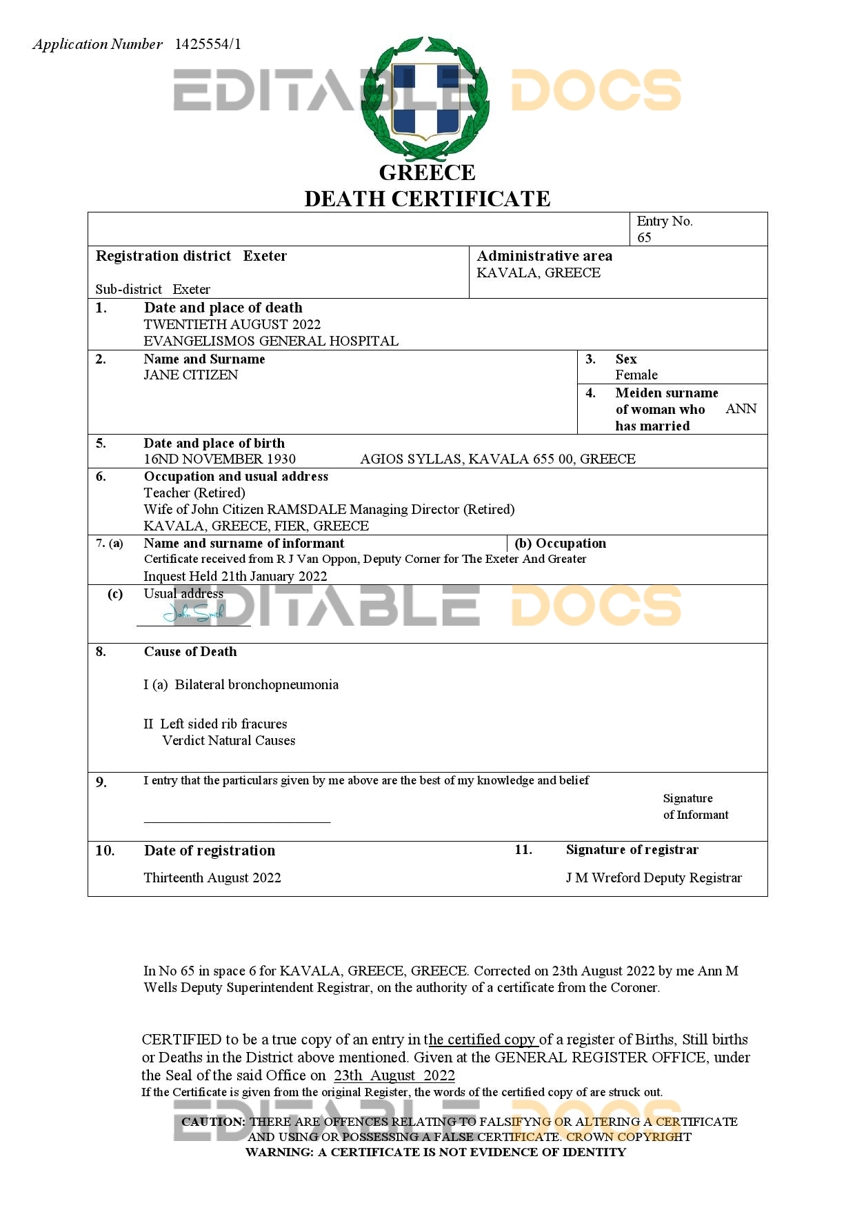 Fillable Greece Death PDF Templates | Blank Docs