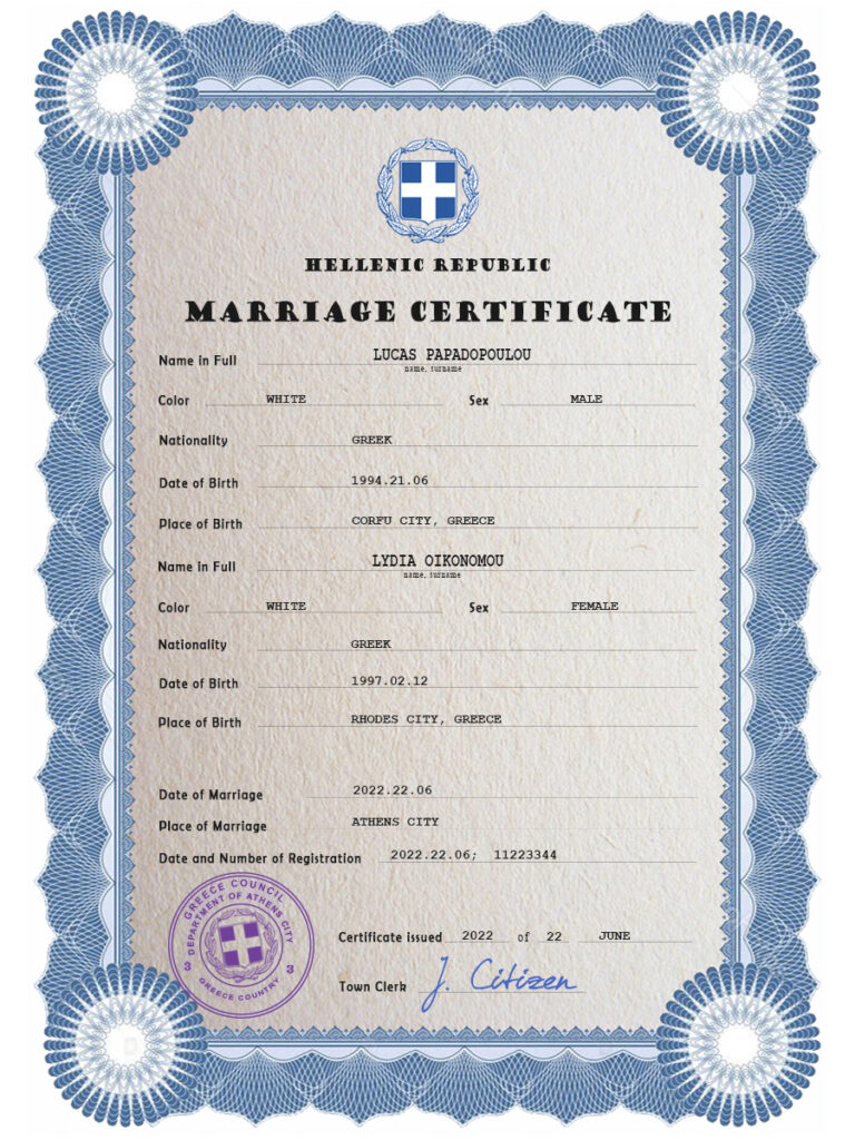Greece Marriage Certificate Editable PSD Templates