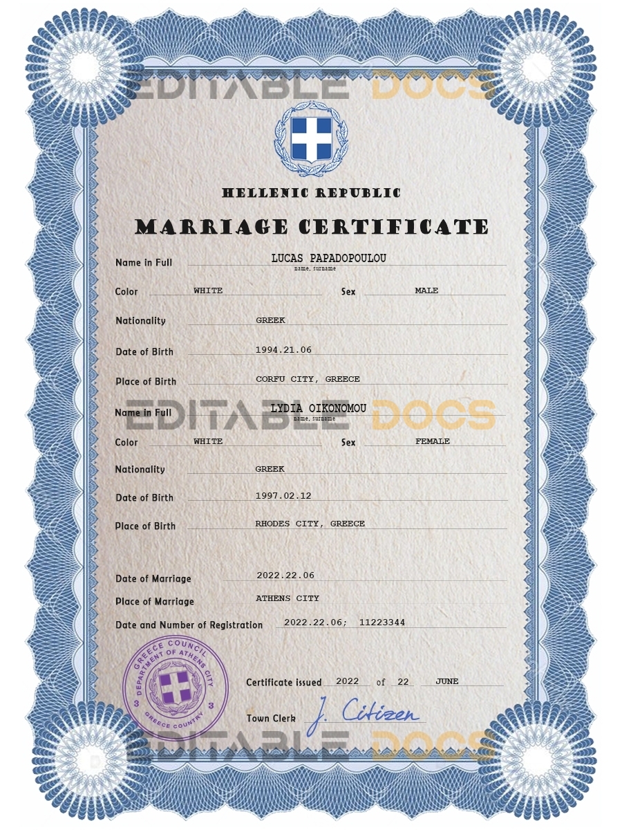 Greece Marriage Certificate | Editable PSD Templates