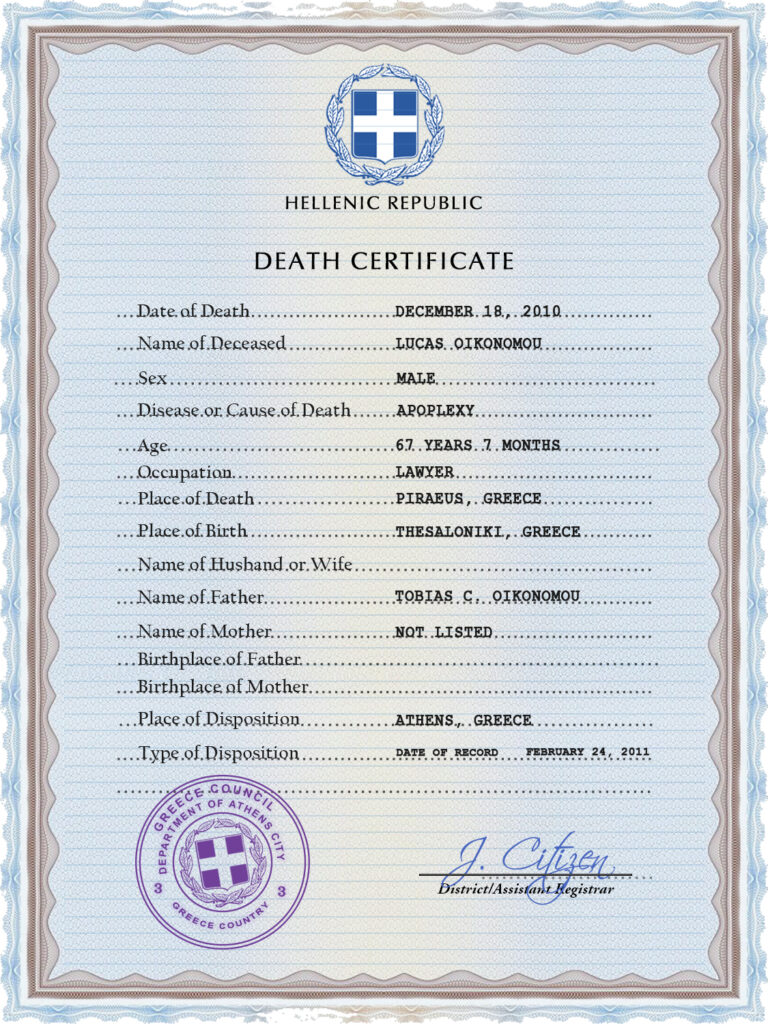 Greece vital record death certificate PSD template