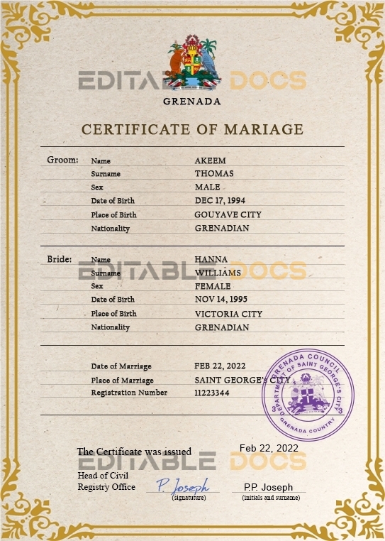Grenada Marriage Certificate Editable PSD Templates