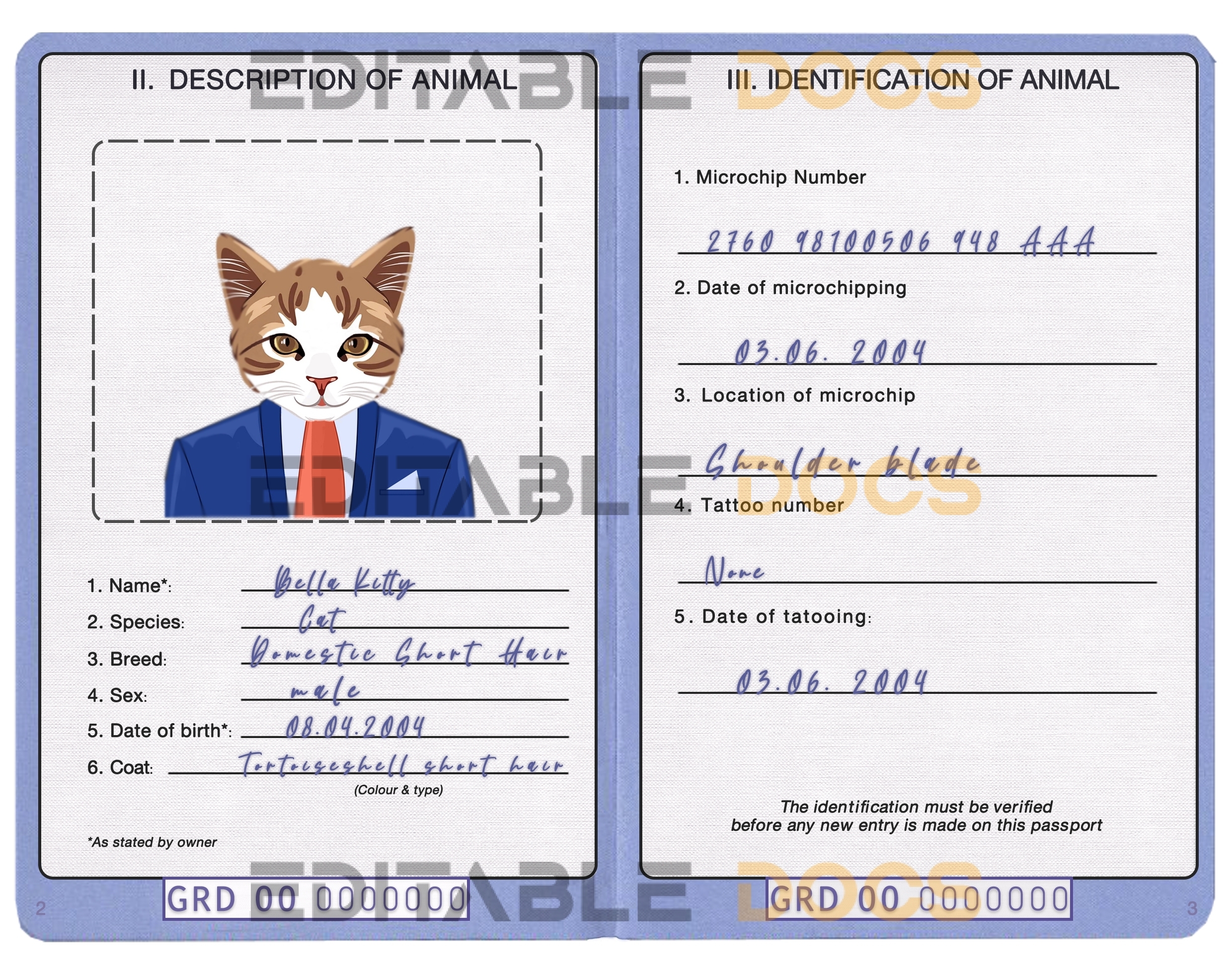 Grenada cat Fake PSD Passport | Instant Download