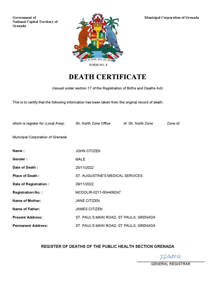 Grenada vital record death certificate Word and PDF template
