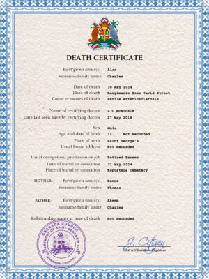 Grenada death certificate PSD template, completely editable