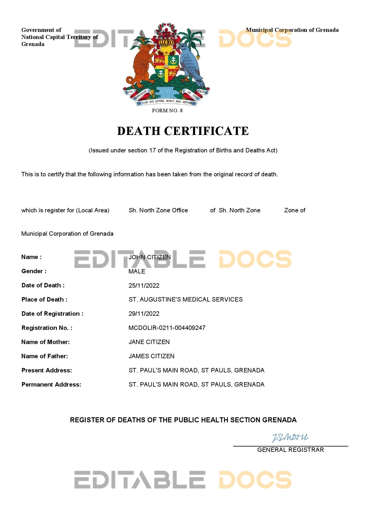 Fillable Grenada Death PDF Templates | Blank Docs