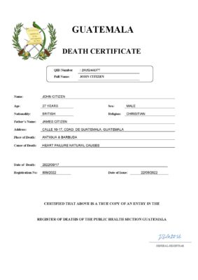 Guatemala death certificate Word and PDF template, completely editable