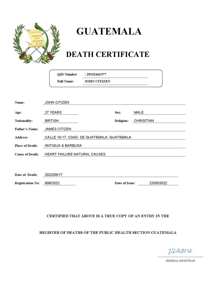 Guatemala death certificate Word and PDF template, completely editable