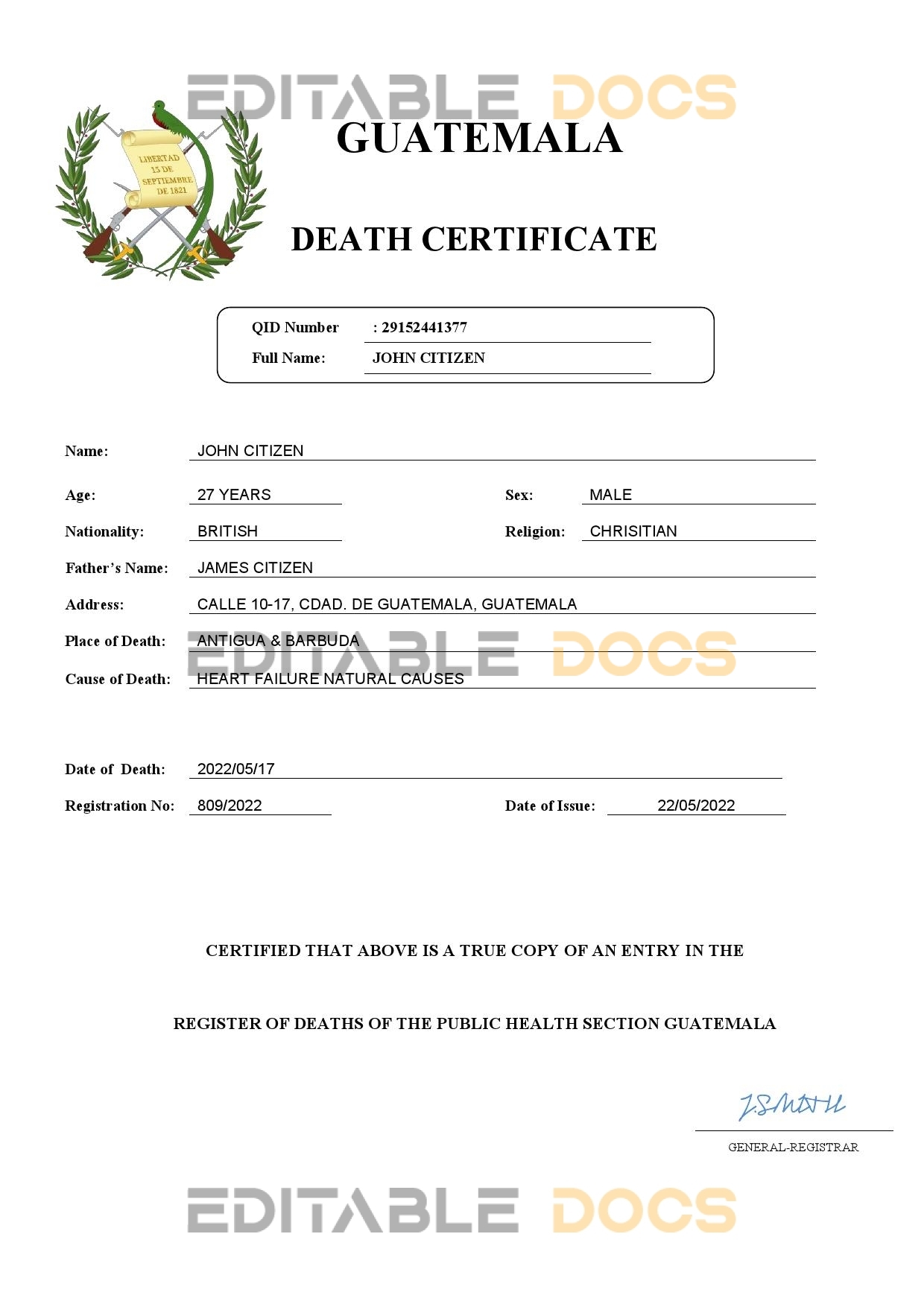 Fillable Guatemala Death PDF Templates | Blank Docs
