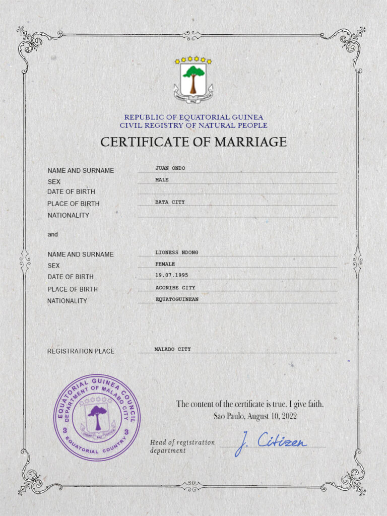 Guatemala marriage certificate Word and PDF template, completely editable