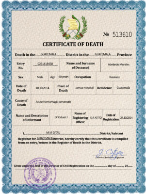 Guatemala vital record death certificate PSD template, fully editable