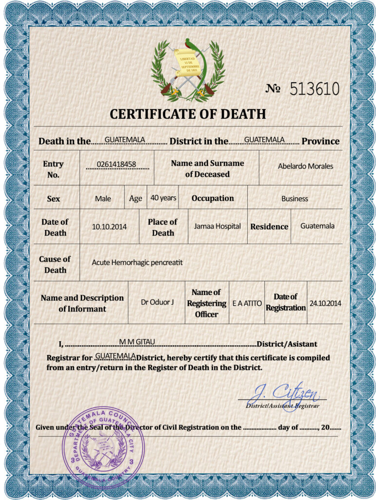Guatemala vital record death certificate PSD template, fully editable