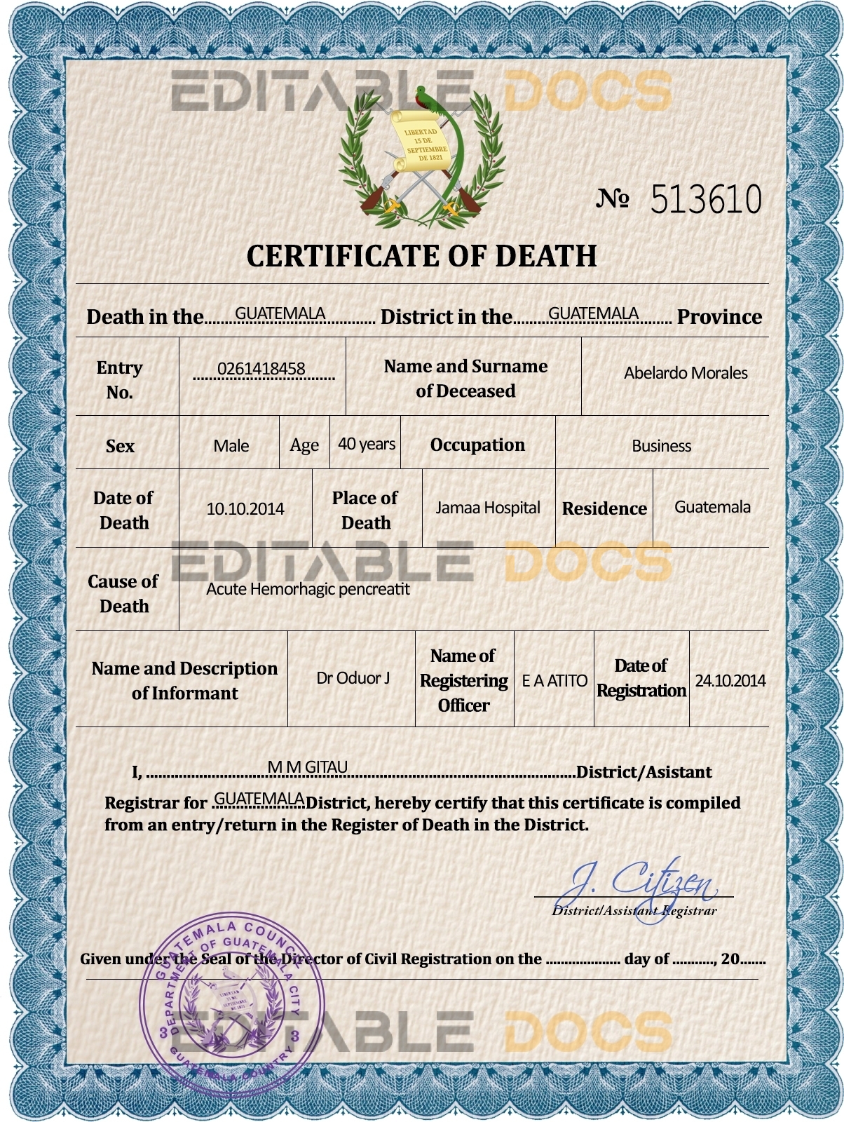 Customizable Guatemala Death Certificate PSD Templates | Instant Download