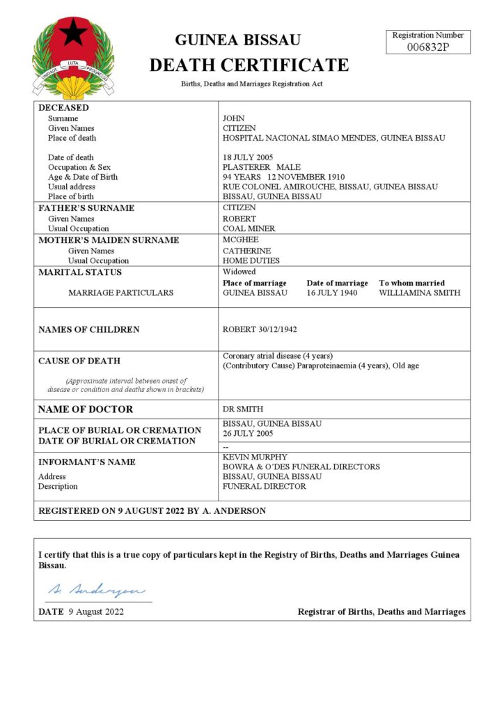 Guinea Bissau vital record death certificate Word and PDF template