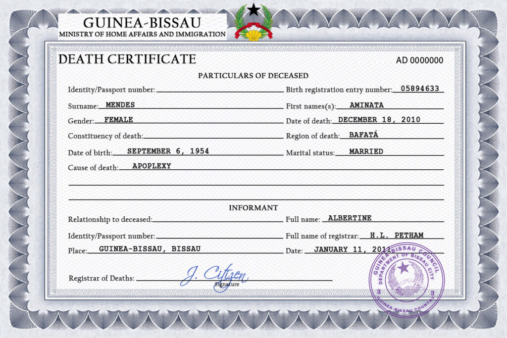 Guinea-Bissau vital record death certificate PSD template, completely editable