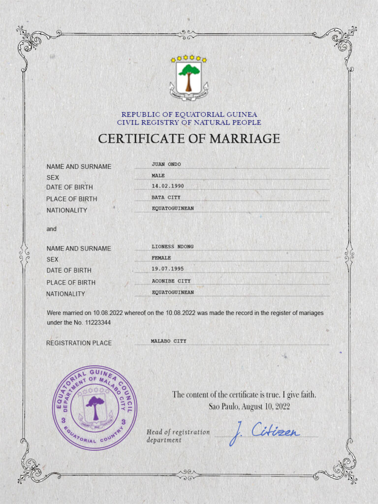 Guinea Marriage Certificate Editable PSD Templates