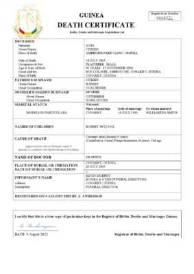 Guinea death certificate Word and PDF template, completely editable