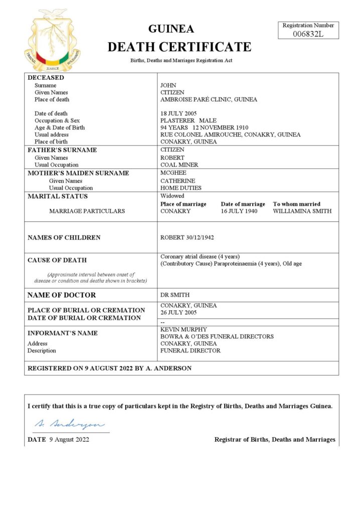 Guinea death certificate Word and PDF template, completely editable