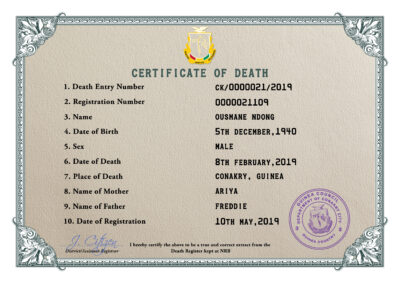 Guinea death certificate PSD template, completely editable