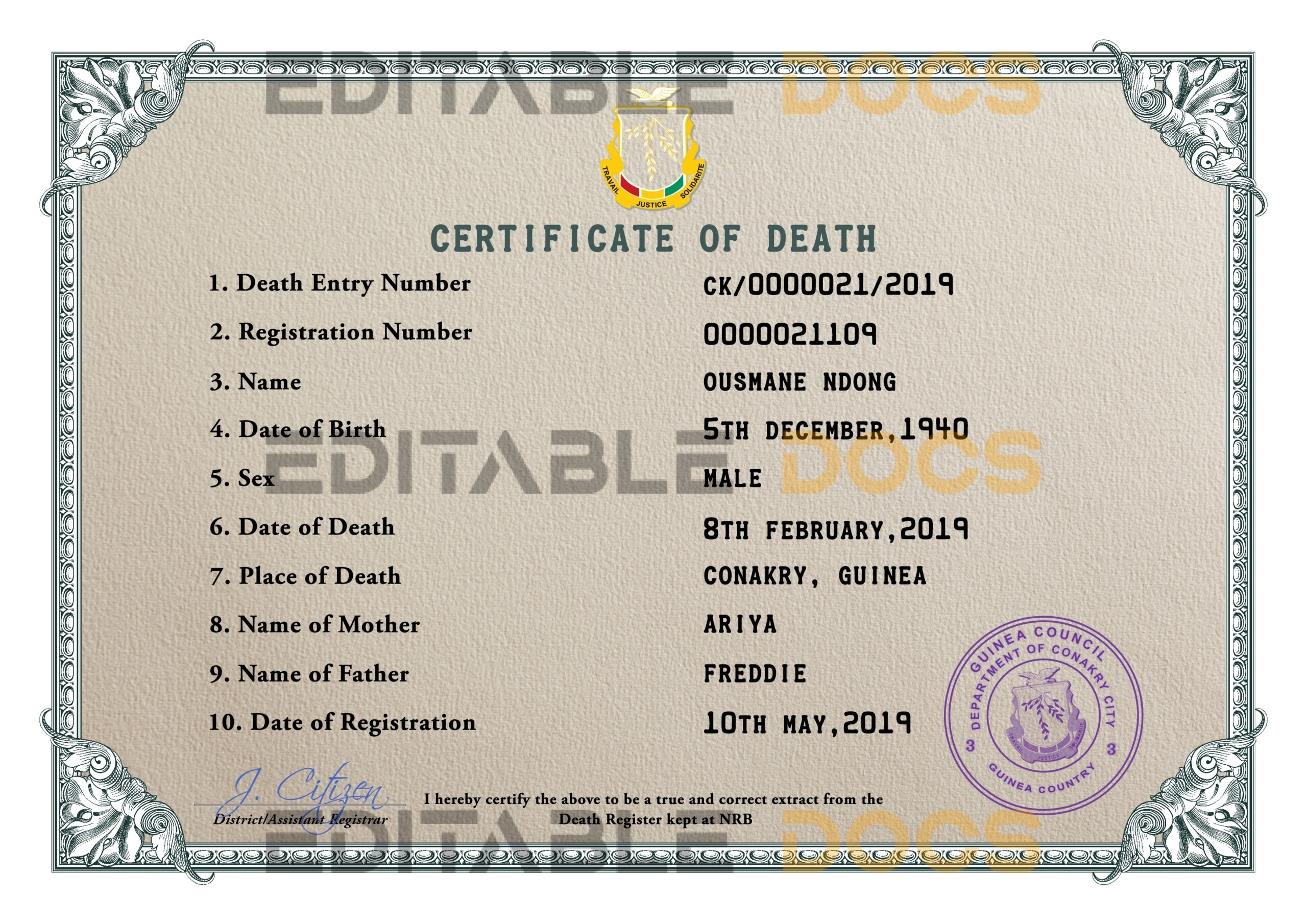 Customizable Guinea Death Certificate PSD Templates | Instant Download