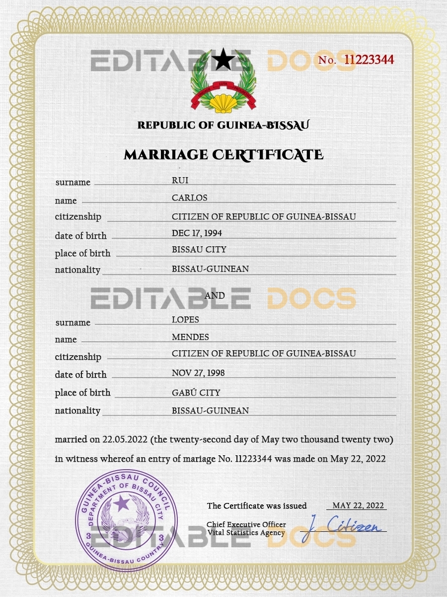 Guniea Bissau Marriage Certificate | Editable PSD Templates