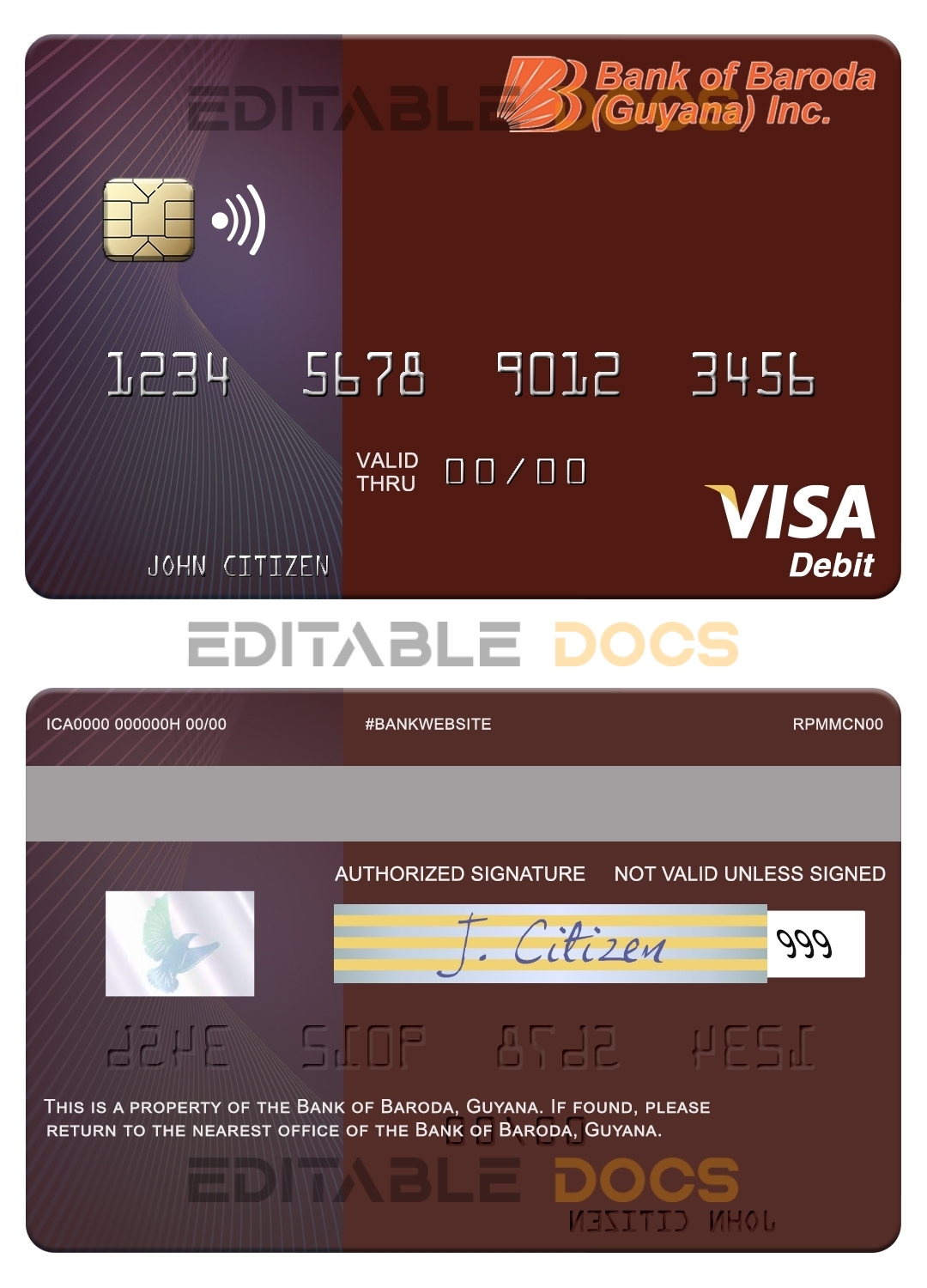 Editable Guyana Bank of Baroda visa debit card Templates in PSD Format