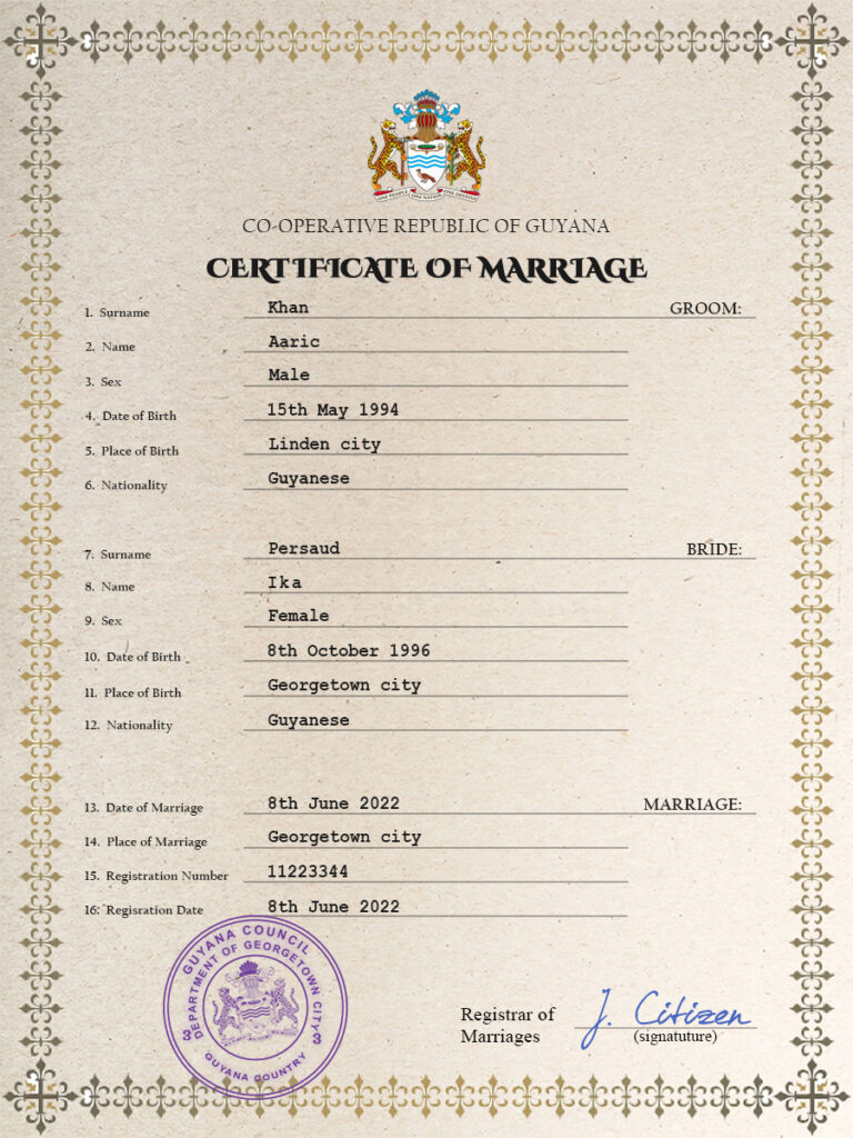 Guyana Marriage Certificate Editable PSD Templates