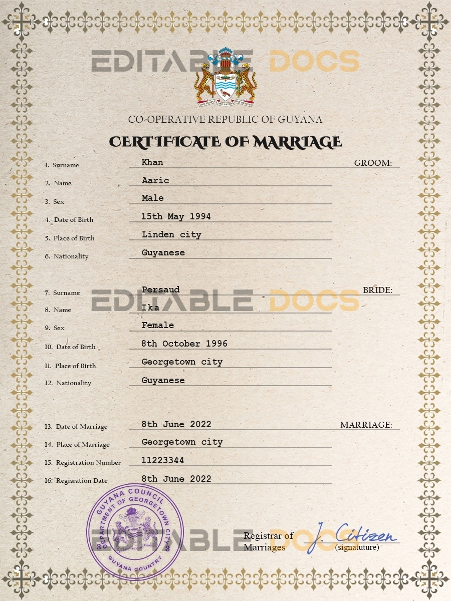 Guyana Marriage Certificate | Editable PSD Templates