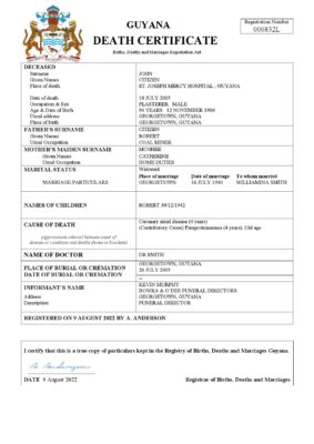 Guyana death certificate Word and PDF template, completely editable