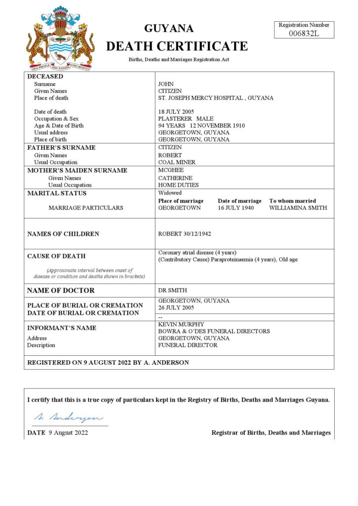Guyana death certificate Word and PDF template, completely editable